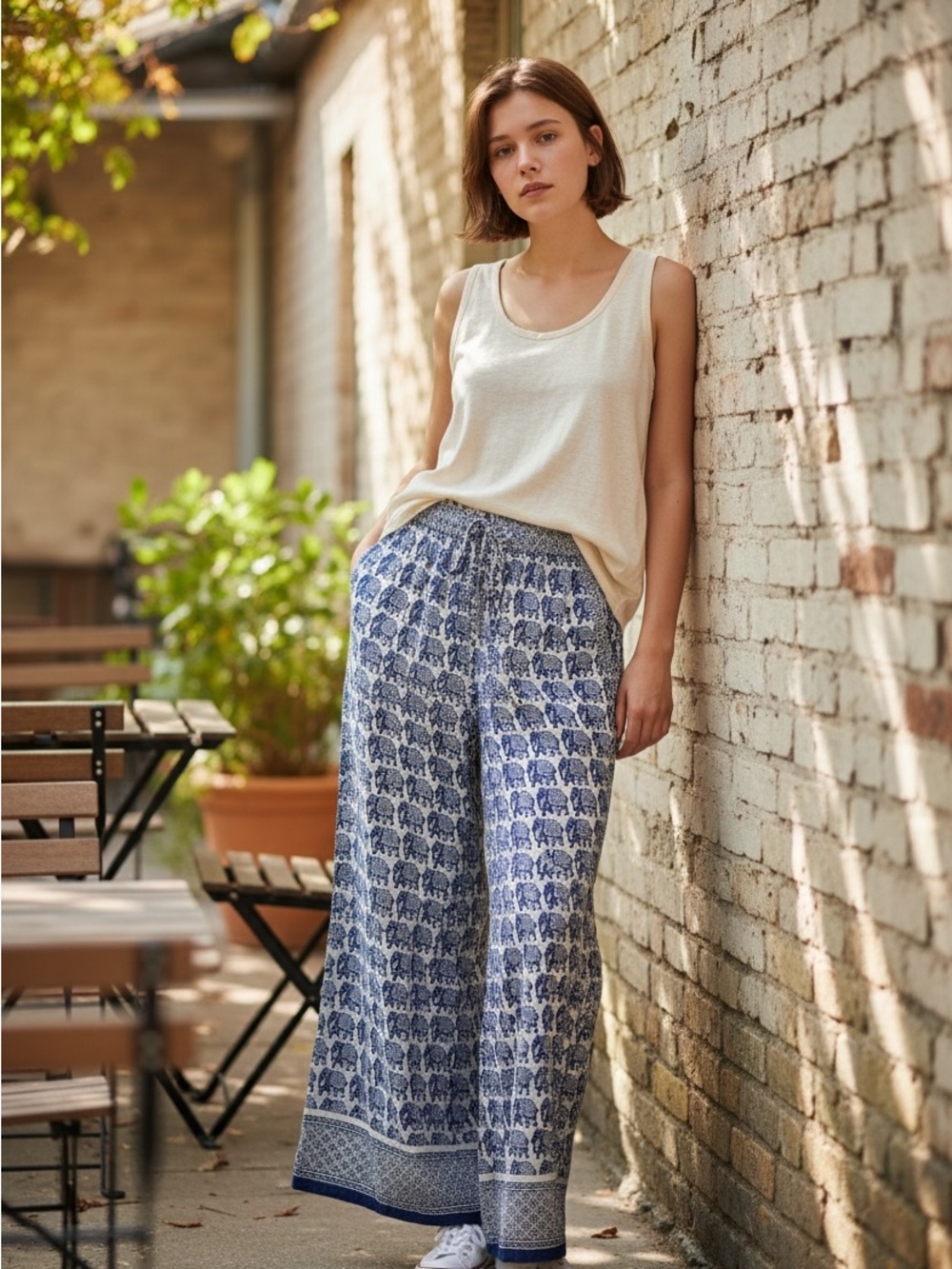 Devi Designs Blue and White Elephant Printed with Elastic Waist Pull On Pants